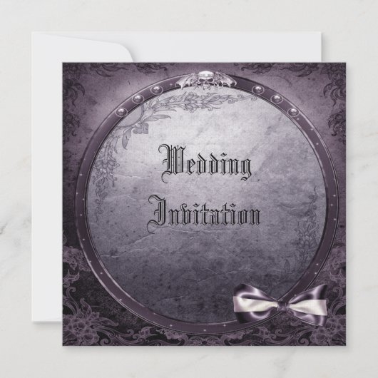 リネンゴシック様式飛んだスカルの紫色の結婚式の招待 招待状 (正面)
