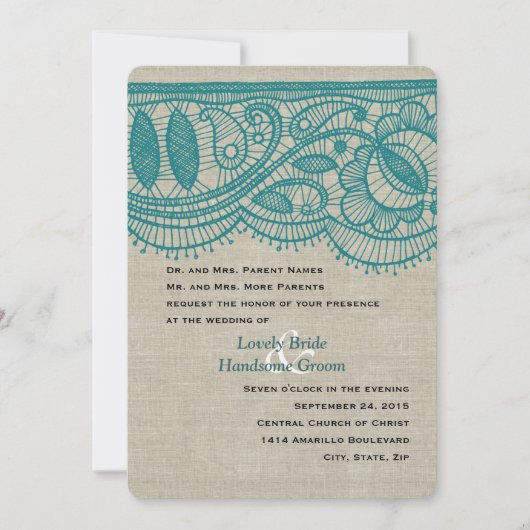 リネンティール（緑がかった色）のレースのヴィンテージのモダンの結婚式招待状 招待状 (正面)