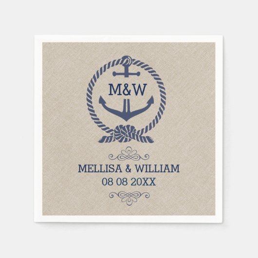 リネンテクスチャ&ブルーボートいかり結婚ズデザイン スタンダードカクテルナプキン (正面)