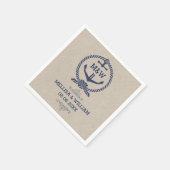 リネンテクスチャ&ブルーボートいかり結婚ズデザイン スタンダードカクテルナプキン (角)