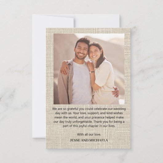 リネンデザインのウェディング フォトコラージュ ありがとうカード サンキューカード (裏面)