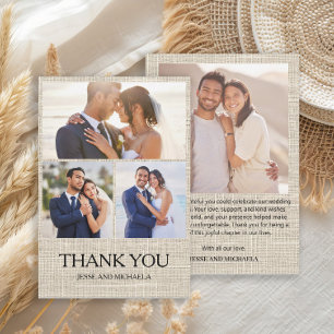 リネンデザインの結婚式4枚の写真コラージュ感謝カード サンキューカード