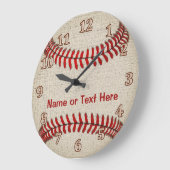 リネンパーソナライズされたルック野球の時計あなたのテキスト ラージ壁時計 (傾斜)