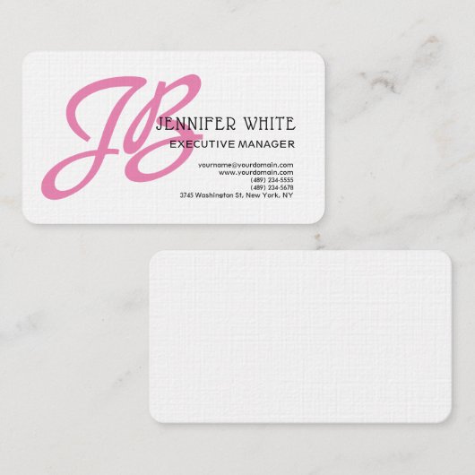 リネンピンクモノグラム白モダンフェミニン 名刺 (正面/裏面)