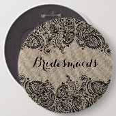 リネンフェイク&ブラックペイズリーレースブリデスメイドボタン 缶バッジ (正面&裏面)