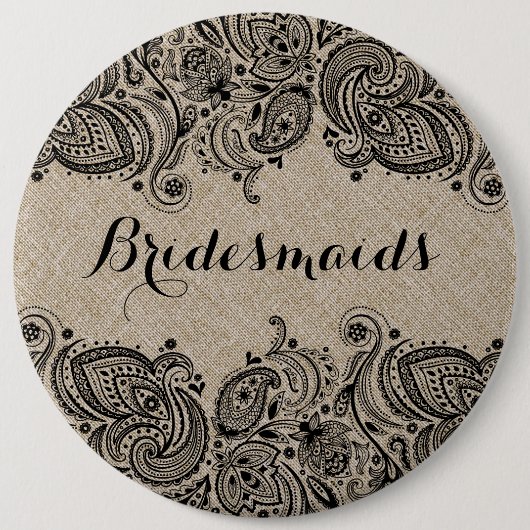 リネンフェイク&ブラックペイズリーレースブリデスメイドボタン 缶バッジ (正面)