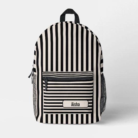 リネンブラックヴィンテージストライプの名 プリントバックパック (正面)