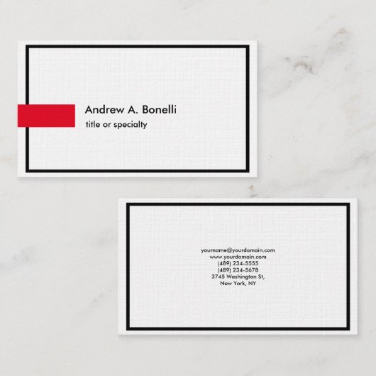 リネンプレーン白黒レッドプロフェッショナル モダン 名刺 (正面/裏面)