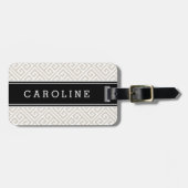 リネンベージュアンドブラックギリシャ鍵カスタムモノグラム ラゲッジタグ (正面横)