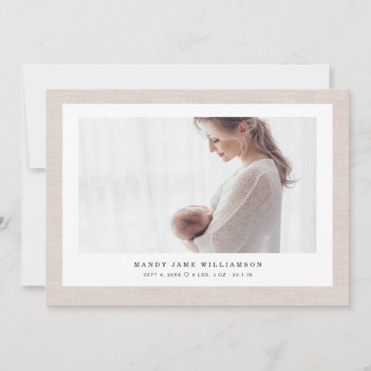 リネンモダンエレガントテクスチャベビーガール写真 案内状 (正面)