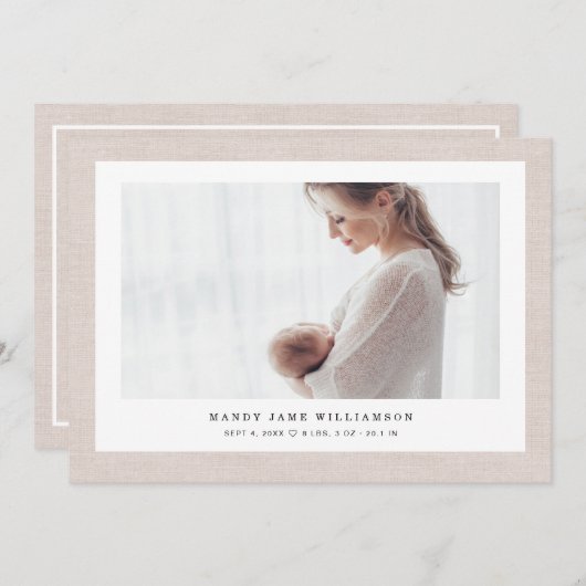 リネンモダンエレガントテクスチャベビーガール写真 案内状 (正面/裏面)