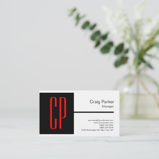 リネンモダン白黒レッドモノグラムプロフェッショナル 名刺 (スタンド正面)