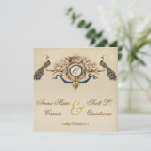 リネンヴィンテージの孔雀の正方形の結婚式招待状 招待状 (スタンド正面)