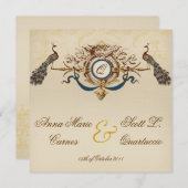 リネンヴィンテージの孔雀の正方形の結婚式招待状 招待状 (正面/裏面)