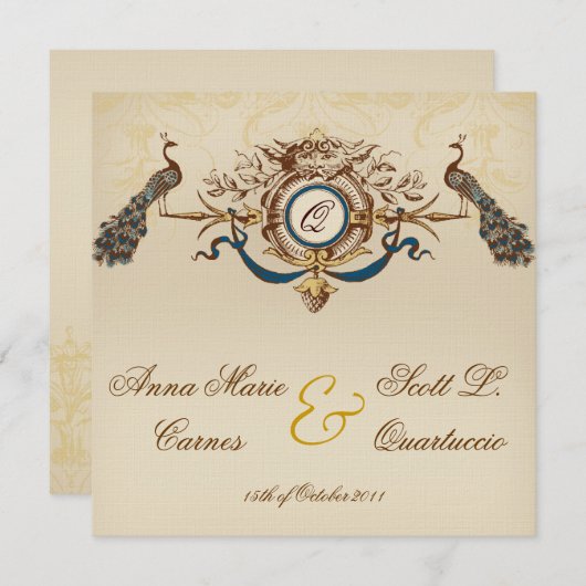 リネンヴィンテージの孔雀の正方形の結婚式招待状 招待状 (正面/裏面)