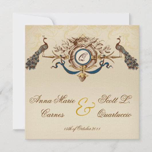 リネンヴィンテージの孔雀の正方形の結婚式招待状 招待状 (正面)