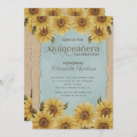 リネンヴィンテージひまわりブルーキンセアニラ 招待状 (正面/裏面)