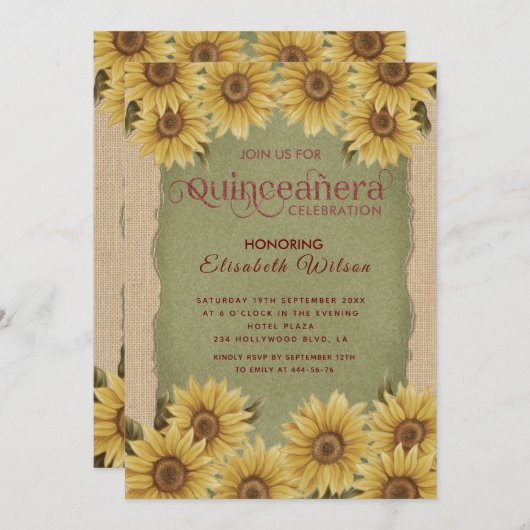 リネンヴィンテージヒマワリ緑キンセアニラ 招待状 (正面/裏面)