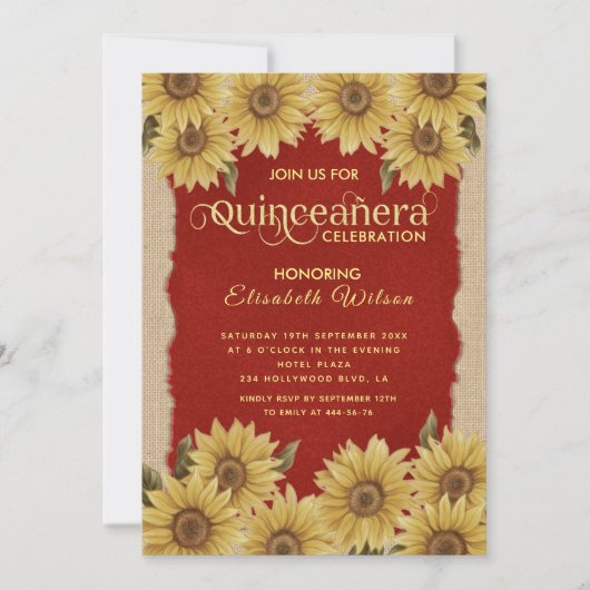 リネンヴィンテージヒマワリ赤クインセアニラの出現 招待状 (正面)