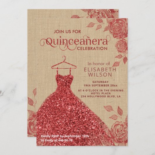 リネンヴィンテージレッドローズグリッタードレスキンセアニラ 招待状 (正面/裏面)