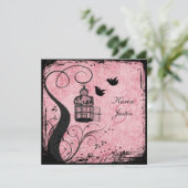 リネン招待のピンクおよび黒い鳥かごの仲の良い恋人同士 招待状 (スタンド正面)