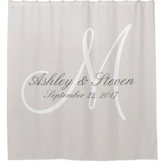 リネン素朴とホワイトモノグラム結婚ズ シャワーカーテン (正面)