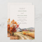 リネン素朴プリントの秋結婚農場 招待状 (正面/裏面)