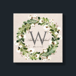 リネン素朴リースモノグラム結婚ズキープスク キャンバスプリント<br><div class="desc">結婚パーソナライズされたの形見。この素朴エレガントなデジタルリネンデザインキャンバスのラップウォールアートは、クラシックダークグレーのモノグラムイニシャルを形成する美しい水色の葉と綿のボールリースとベージュのリネンの質感の背景を特徴とする。2人の名前は美しい書跡のモノグラム書イニシャルの上に表示され、その日付は以下の結婚通り。新婚素晴らし者への贈り物。ベッドルーム素晴らし、玄関、廊下、階段の壁、リビングルームへの装飾的な追加フォーマル、または単にファミリールームのおもしろい装飾のための。すべての文字フィールドの色は好きなように変更できる。</div>