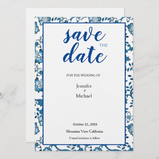 リネン結婚のフローラブルー白救日 セーブザデート (正面/裏面)