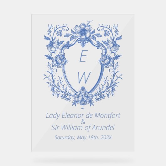 リネン華美ブルークレストモノグラム結婚徴候 アクリルサイン (正面)