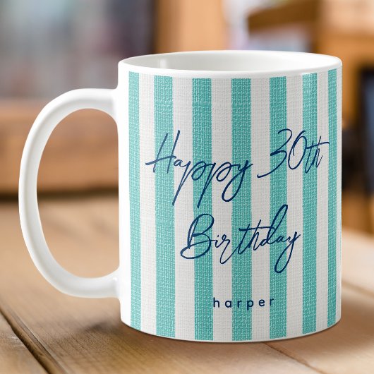 リネン調ストライプの30歳の誕生日おめでとう ミント コーヒーマグカップ