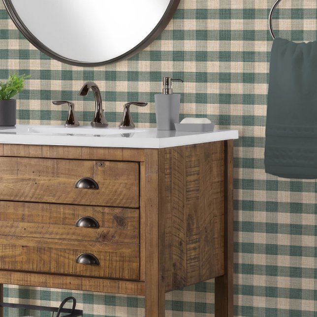 リネン調バファロー・チェック柄 ブルー+タンベージュ 壁紙 (rustic masculine mountain lodge cabin styled buffalo check plaid in dusty blue green and creamy tan
)