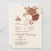 リネン金ゴールドグリア水カラーフローライスラムMehndi 招待状 (正面)