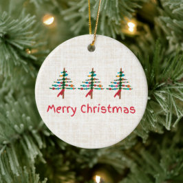 リネン風クリスマスツリー - かわいいラスティックなクリスマス セラミックオーナメント