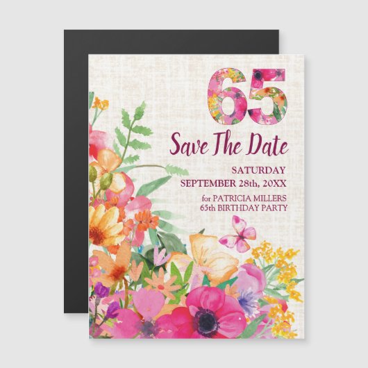リネン フローラル 65歳の誕生日 Save the Date マグネット招待状 (正面/裏面)