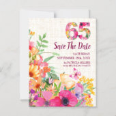 リネン フローラル 65歳の誕生日 Save the Date マグネット招待状 (正面)