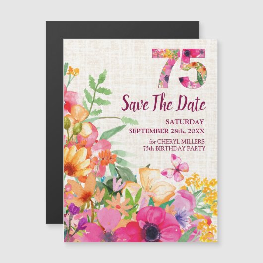 リネン フローラル 75歳の誕生日 Save the Date マグネット招待状 (正面/裏面)