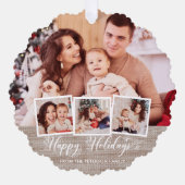 リネン&素朴ハッピーホリデーズスクリプトマルチフォト オーナメントカード (正面)