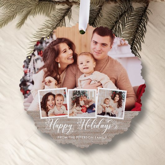 リネン&素朴ハッピーホリデーズスクリプトマルチフォト オーナメントカード