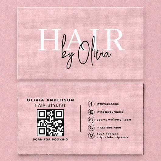 リネンQRコードヘアスタイリストピンクタイポグラフィ 名刺