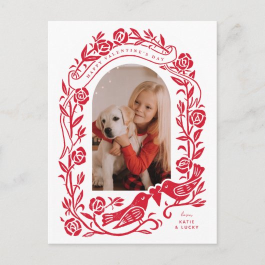 リノカットのロブバードとバラアーチ写真デザイン ポストカード (正面)