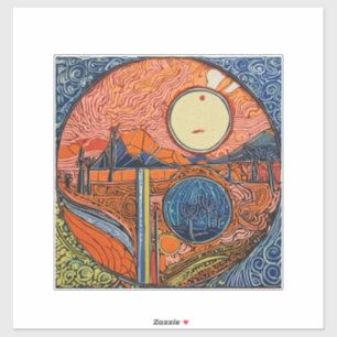 リノカット太陽と月のスケッチ抽象芸術アート シール