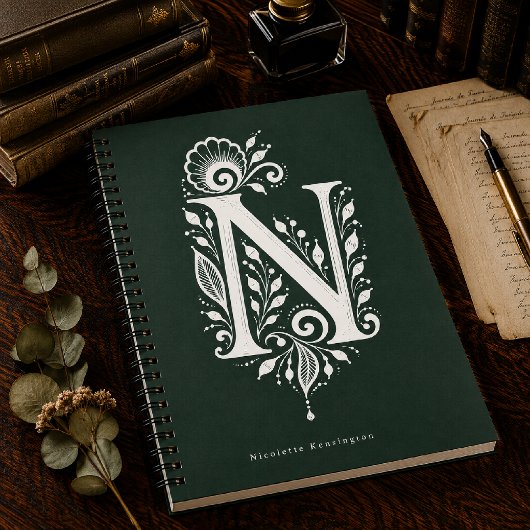 リノカット技法の植物モノグラム ノートブック Letter N