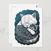 リノカット白と黒猫が一緒に寝る ポストカード (正面/裏面)
