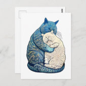 リノカット白と黒猫が一緒に寝る ポストカード (正面/裏面)