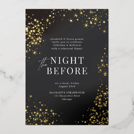 リハーサルのディナー前結婚のブラック・星空の夜 箔招待状 (正面)