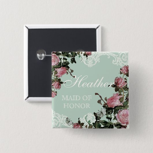 リハーサルのブライダルパーティのラベル、格子垣のばら色のヴィンテージ 缶バッジ (正面&裏面)