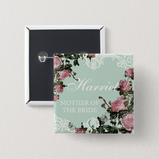 リハーサルのブライダルパーティのラベル、格子垣のばら色のヴィンテージ 缶バッジ (正面&裏面)