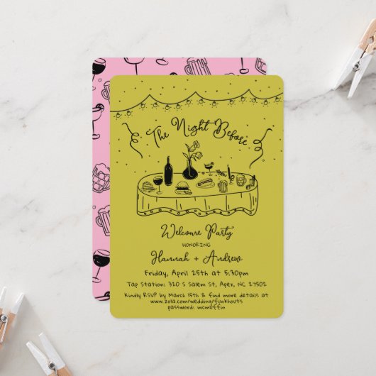 リハーサルの前の夜の夕食の手を引いた 招待状 (正面/裏面インサイチュ)