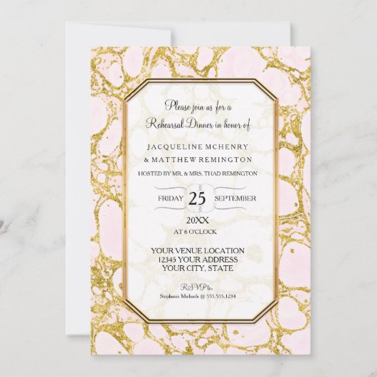 リハーサルの夕食によって大理石模様をつけられるマーブル紙のばら色の金ゴールド 招待状 (正面)